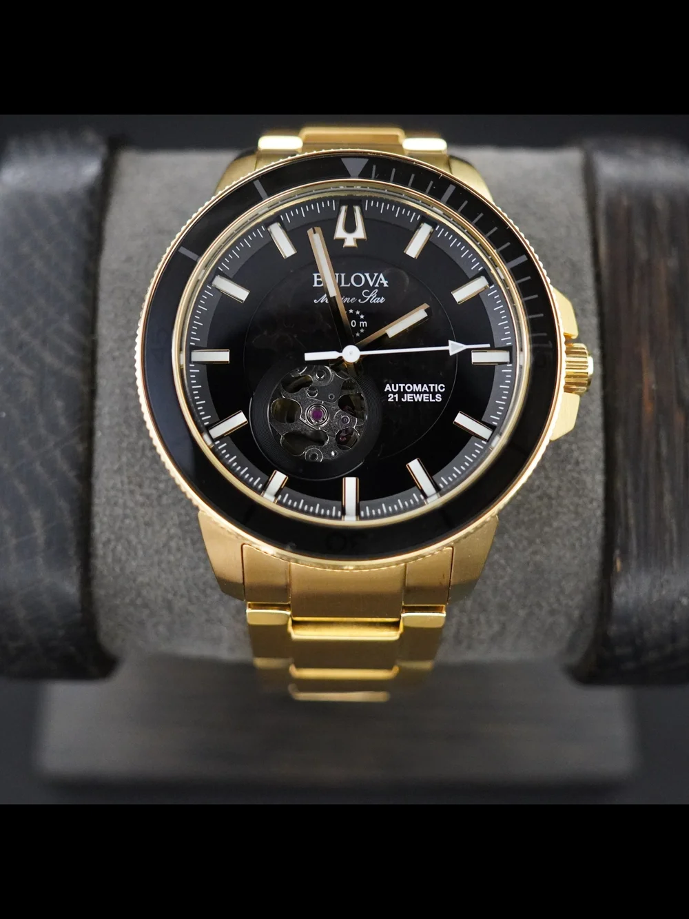 Bulova Marine Star Automatic Black Dial 200M Gold Tone Men's Watch 97A174